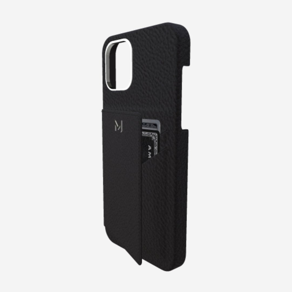 Cardholder Case for iPhone 12 in Genuine Calfskin Bond Black Steel 316 