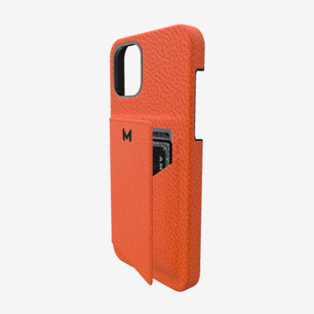 Cardholder Case for iPhone 12 in Genuine Calfskin Orange Cocktail Black Plating 