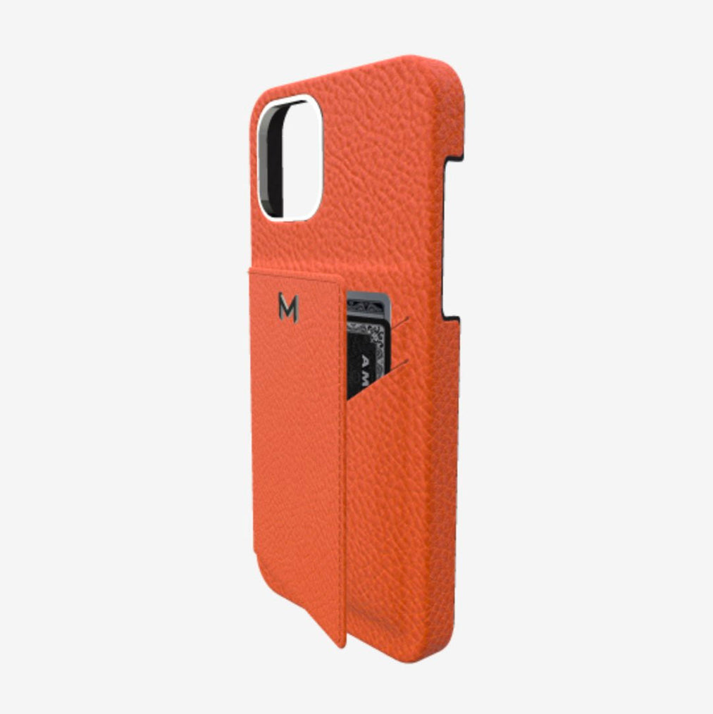 Cardholder Case for iPhone 12 in Genuine Calfskin Orange Cocktail Steel 316 