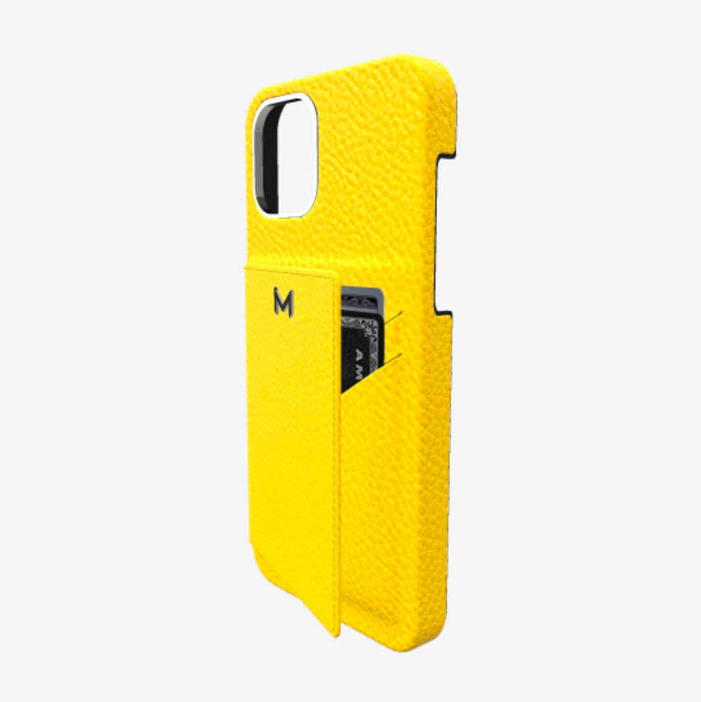 Cardholder Case for iPhone 12 in Genuine Calfskin Summer Yellow Steel 316 