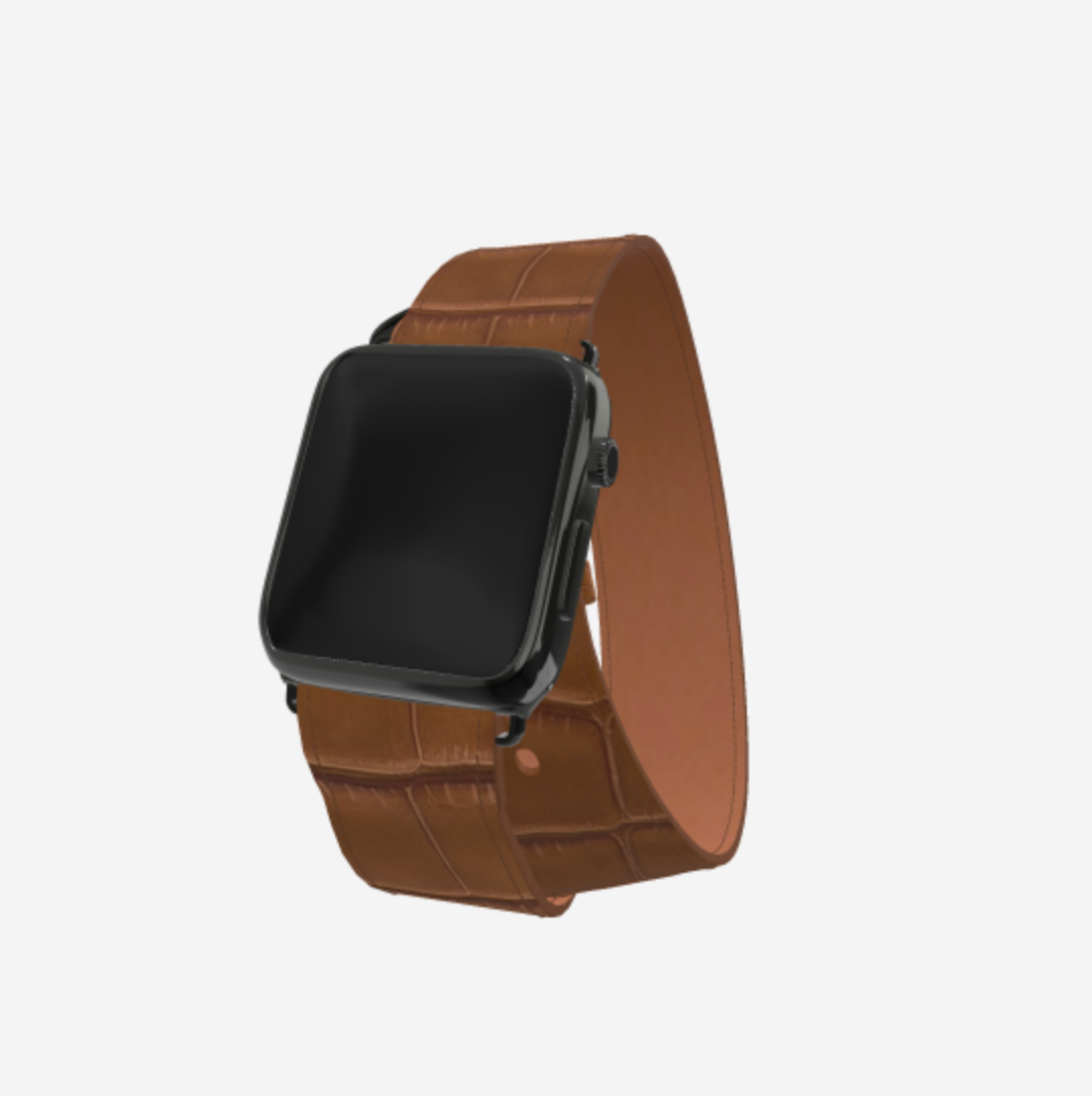 Apple Watch Strap Double Tour in Genuine Alligator 38 l 40 MM Belmondo Brown Black Plating 