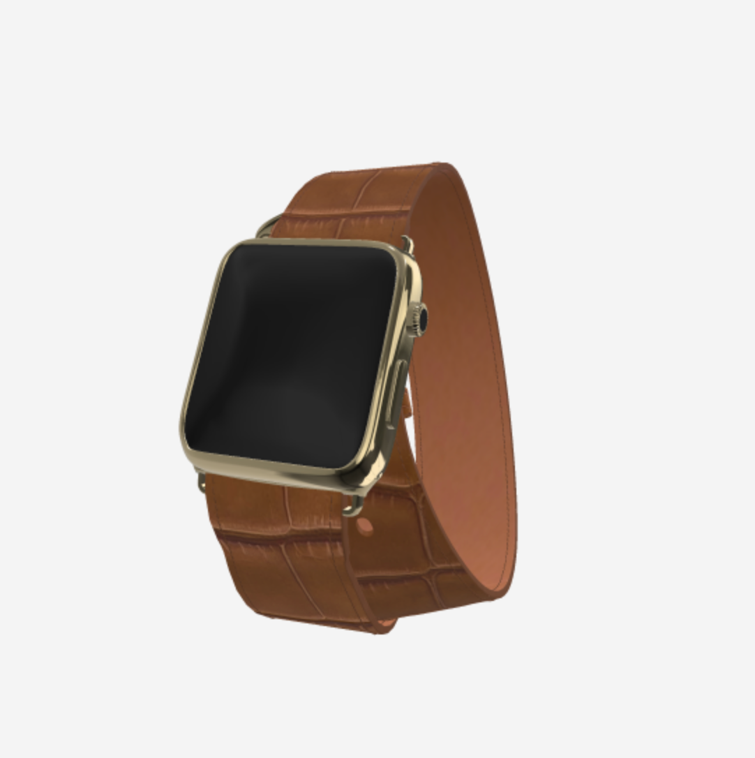 Apple Watch Strap Double Tour in Genuine Alligator 38 l 40 MM Belmondo Brown Yellow Gold 