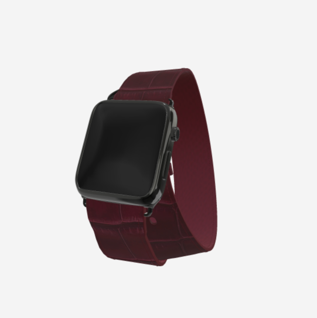 Apple Watch Strap Double Tour in Genuine Alligator 38 l 40 MM Burgundy Palace Black Plating 