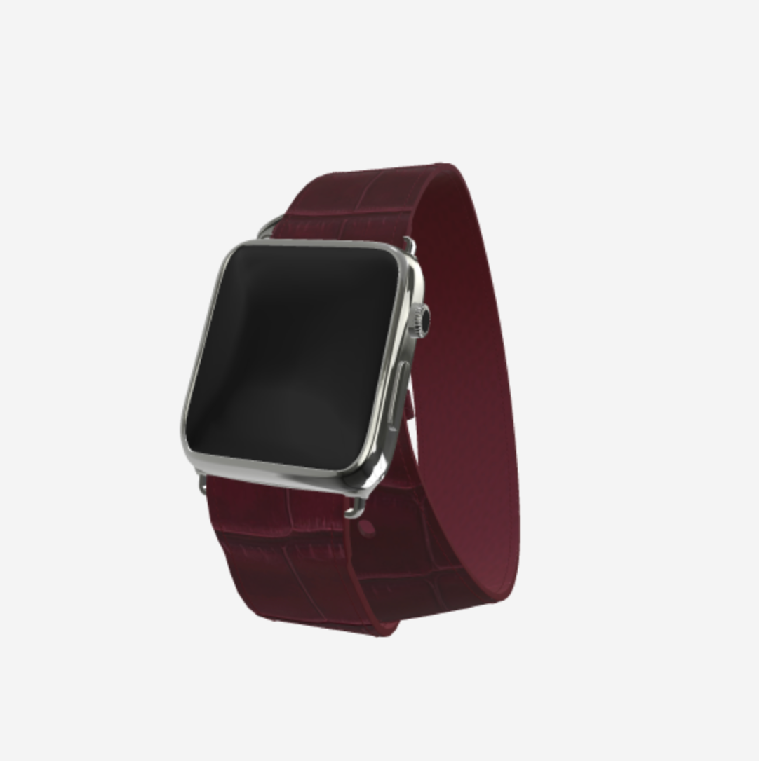 Apple Watch Strap Double Tour in Genuine Alligator 38 l 40 MM Burgundy Palace Steel 316 