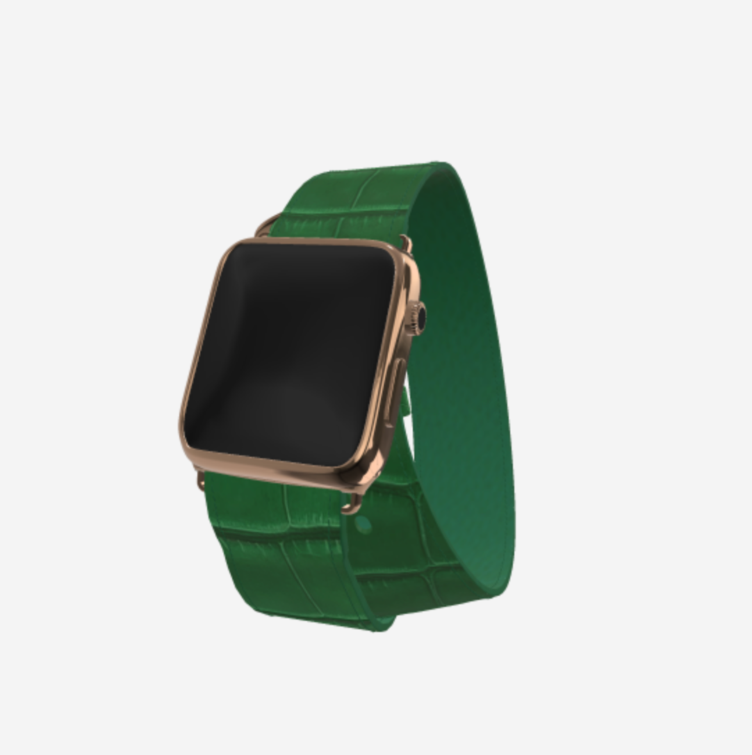 Apple Watch Strap Double Tour in Genuine Alligator 38 l 40 MM Emerald Green Rose Gold 