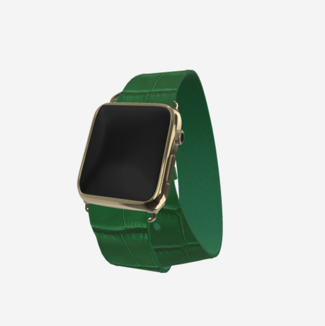 Apple Watch Strap Double Tour in Genuine Alligator 38 l 40 MM Emerald Green Yellow Gold 