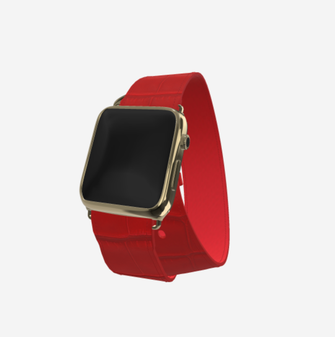 Apple Watch Strap Double Tour in Genuine Alligator 38 l 40 MM Glamour Red Yellow Gold 