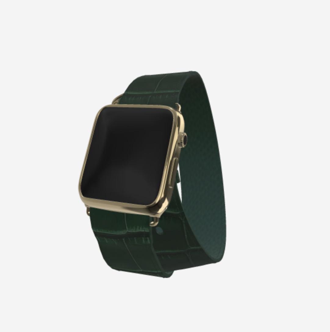 Apple Watch Strap Double Tour in Genuine Alligator 38 l 40 MM Jungle Green Yellow Gold 