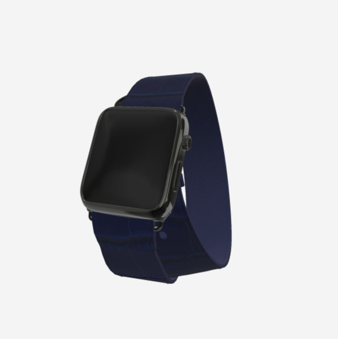 Apple Watch Strap Double Tour in Genuine Alligator 38 l 40 MM Navy Blue Black Plating 