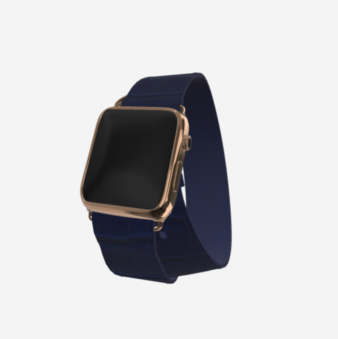 Apple Watch Strap Double Tour in Genuine Alligator 38 l 40 MM Navy Blue Rose Gold 