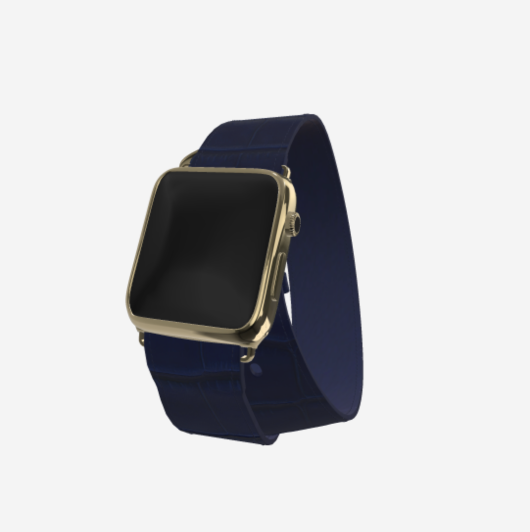 Apple Watch Strap Double Tour in Genuine Alligator 38 l 40 MM Navy Blue Yellow Gold 