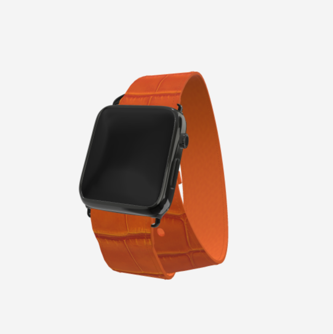 Apple Watch Strap Double Tour in Genuine Alligator 38 l 40 MM Orange Cocktail Black Plating 