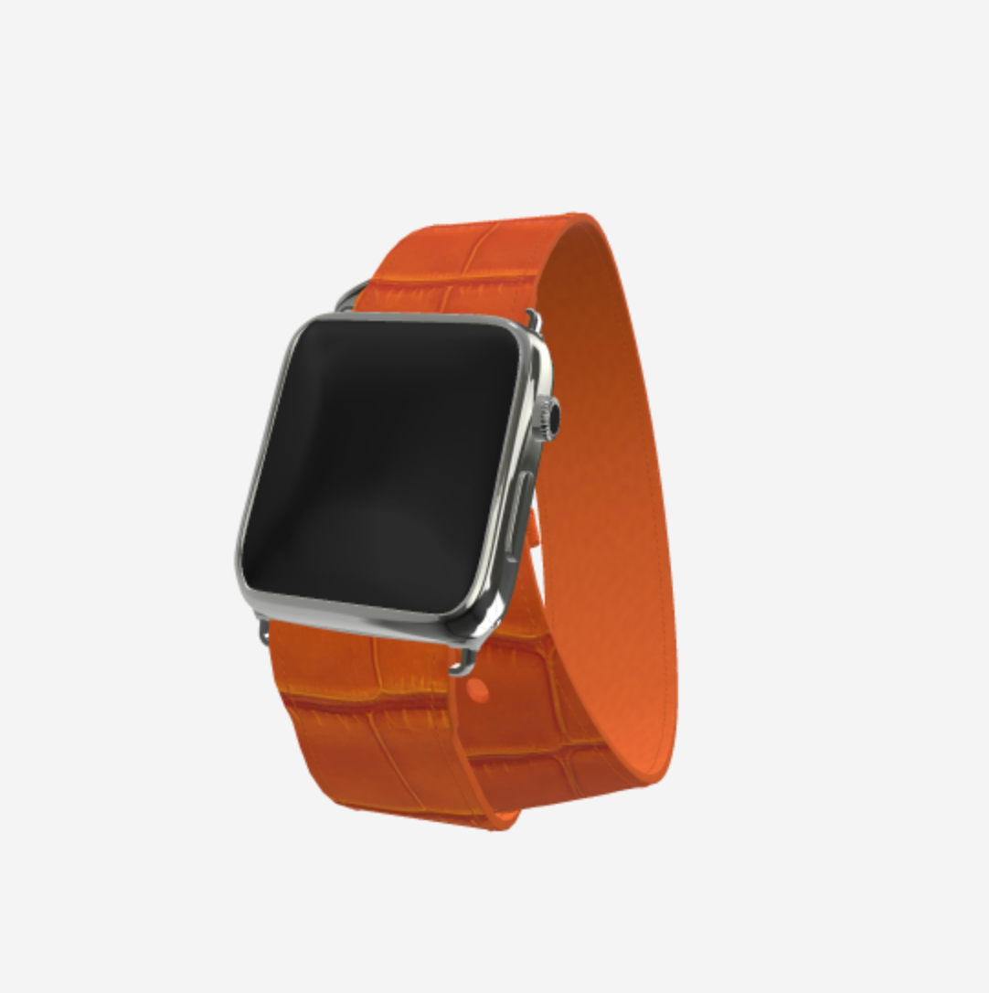 Apple Watch Strap Double Tour in Genuine Alligator 38 l 40 MM Orange Cocktail Steel 316 