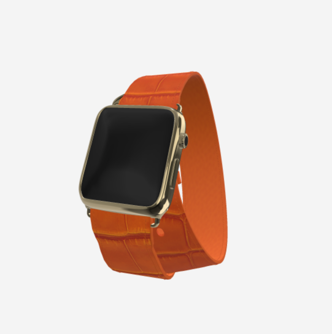 Apple Watch Strap Double Tour in Genuine Alligator 38 l 40 MM Orange Cocktail Yellow Gold 