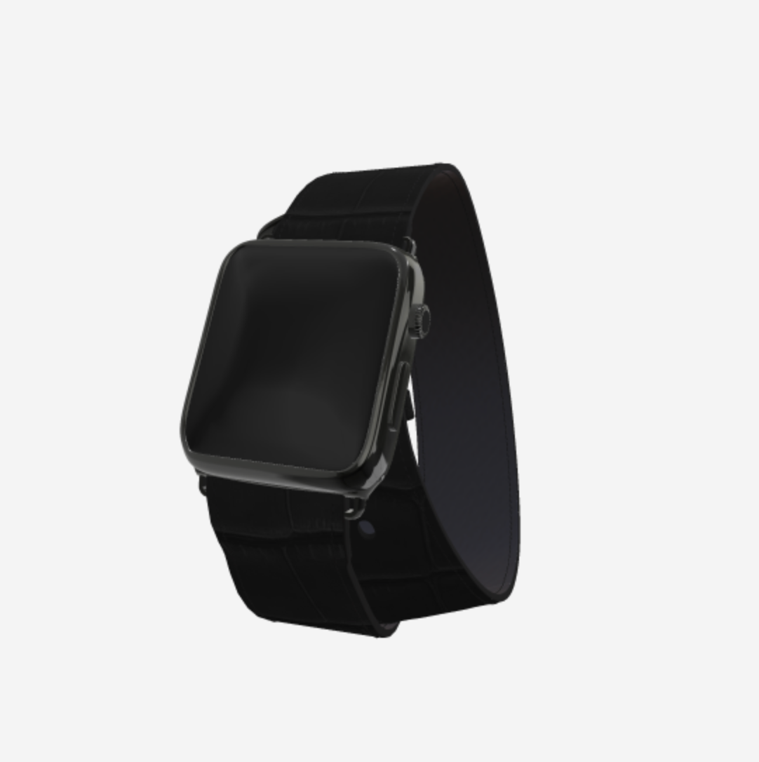 Apple Watch Strap Double Tour in Genuine Alligator 42 l 44 MM Carbon Black Black Plating 