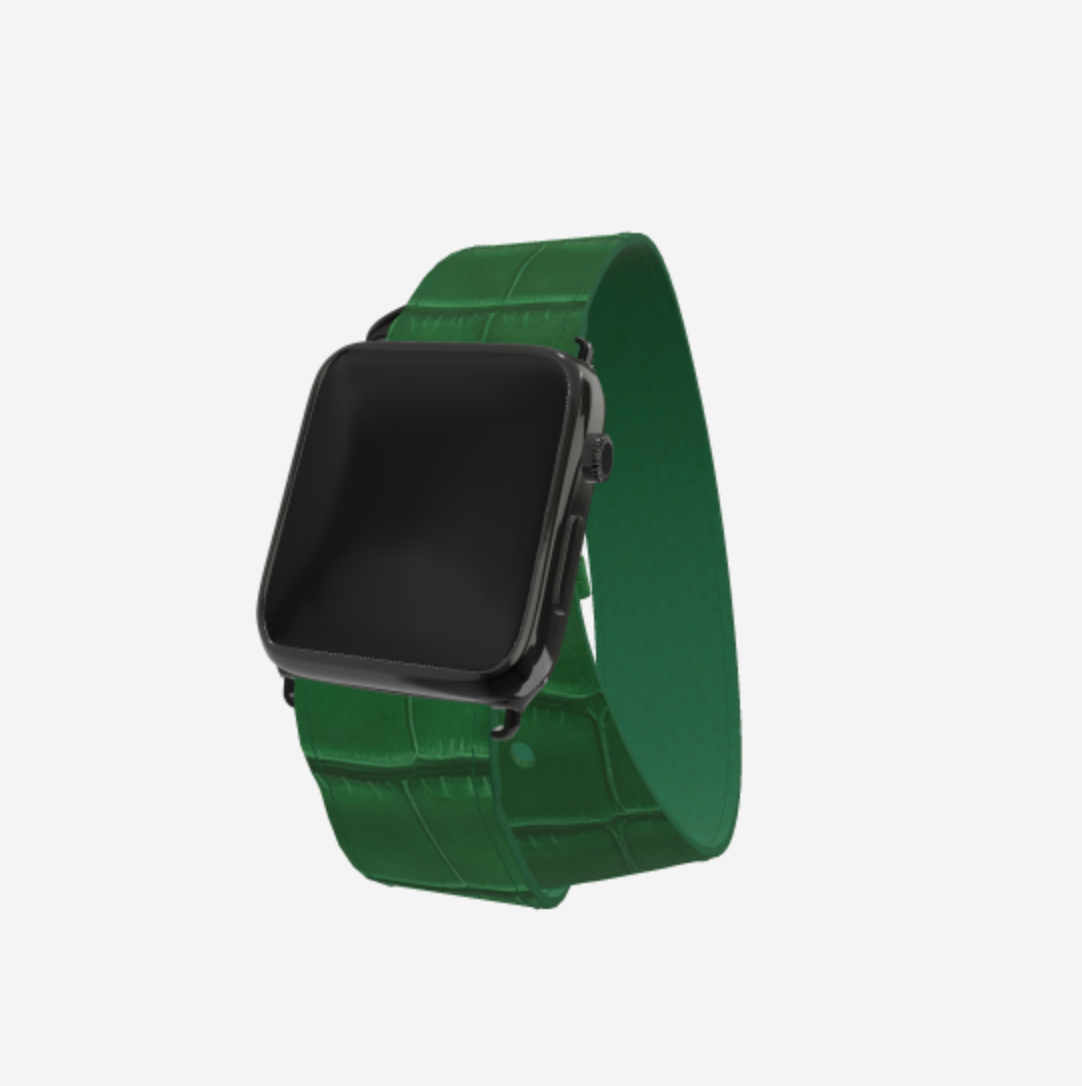 Apple Watch Strap Double Tour in Genuine Alligator 42 l 44 MM Emerald Green Black Plating 