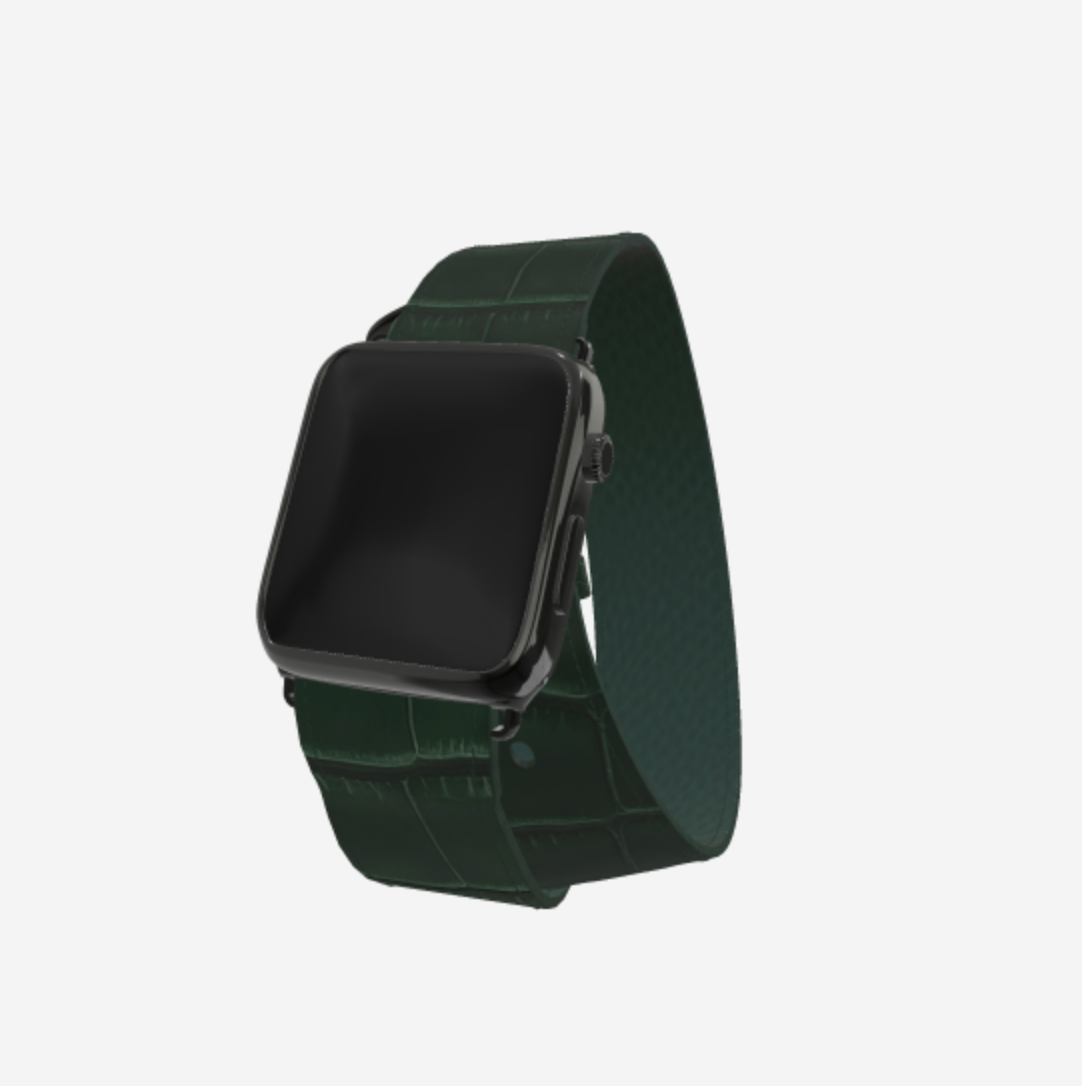 Apple Watch Strap Double Tour in Genuine Alligator 42 l 44 MM Jungle Green Black Plating 