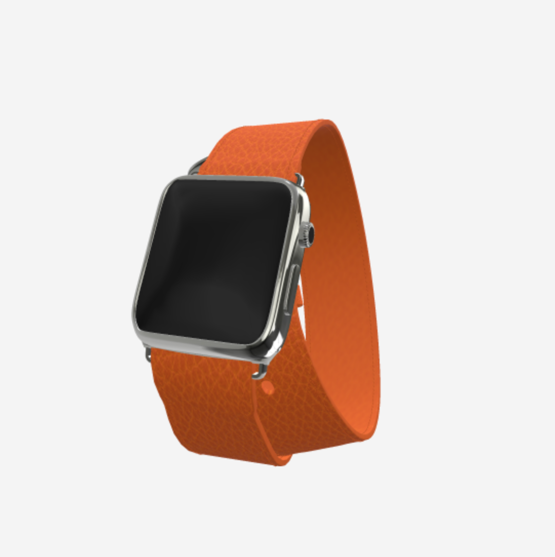 Apple Watch Strap Double Tour in Genuine Calfskin 38 l 40 l 41 MM Orange Cocktail Steel 316 