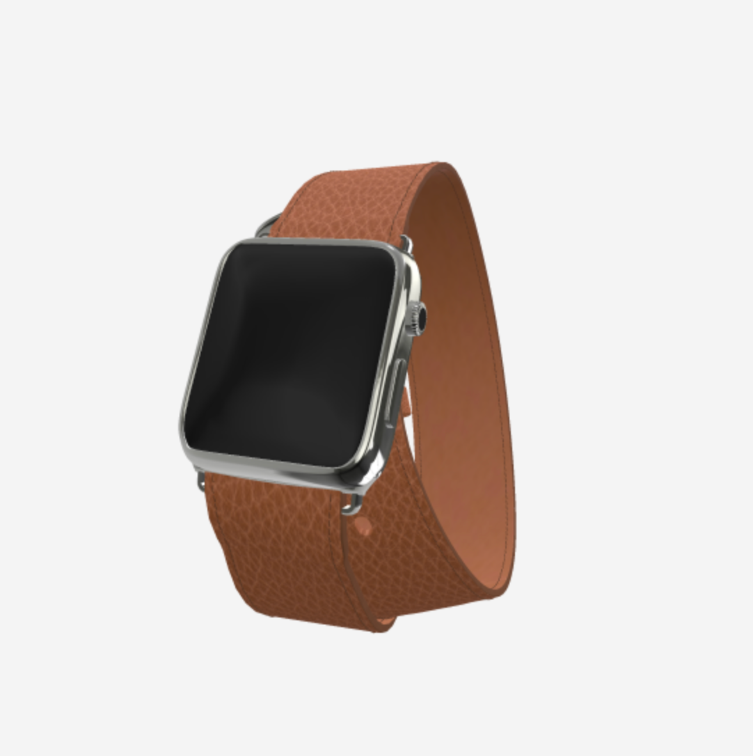 Apple Watch Strap Double Tour in Genuine Calfskin 38 l 40 MM Belmondo Brown Steel 316 