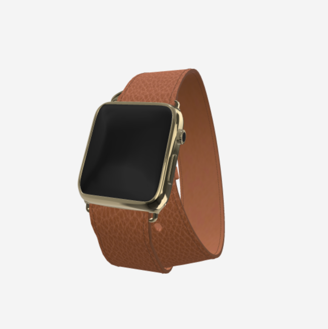 Apple Watch Strap Double Tour in Genuine Calfskin 38 l 40 MM Belmondo Brown Yellow Gold 