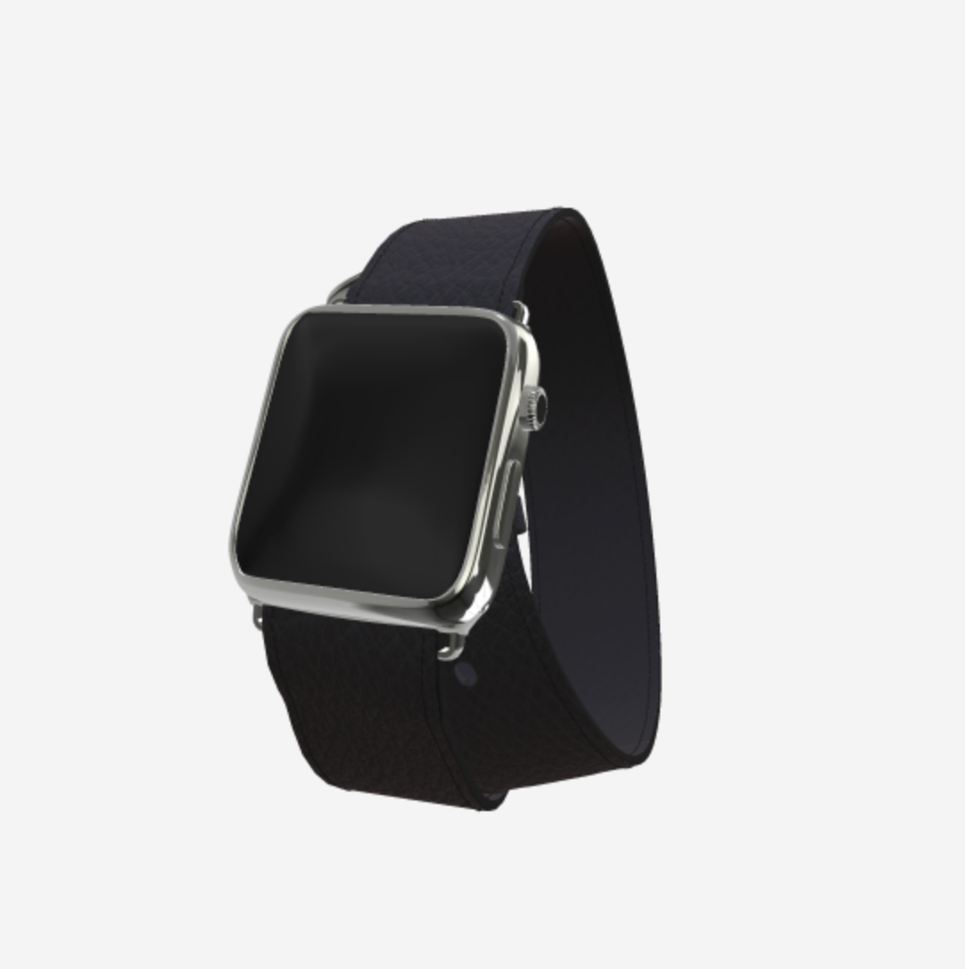 Apple Watch Strap Double Tour in Genuine Calfskin 38 l 40 MM Bond Black Steel 316 