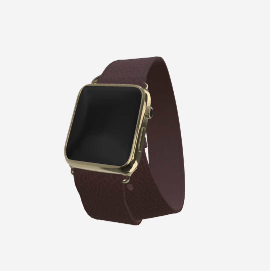 Apple Watch Strap Double Tour in Genuine Calfskin 38 l 40 MM Borsalino Brown Yellow Gold 
