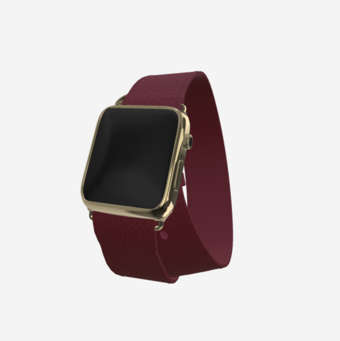 Apple Watch Strap Double Tour in Genuine Calfskin 38 l 40 MM Burgundy Palace Yellow Gold 