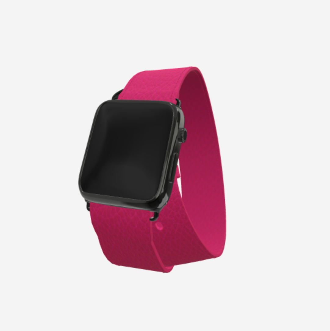 Apple Watch Strap Double Tour in Genuine Calfskin 38 l 40 MM Fuchsia Party Black Plating 