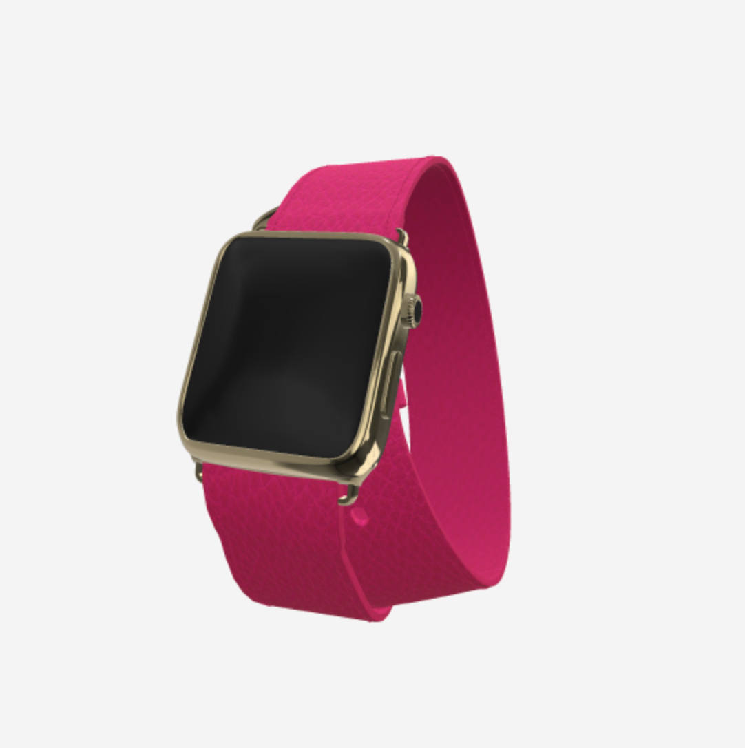 Apple Watch Strap Double Tour in Genuine Calfskin 38 l 40 MM Fuchsia Party Yellow Gold 
