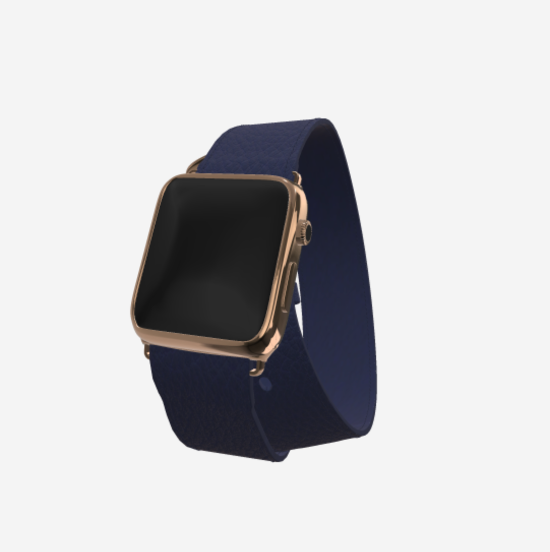 Apple Watch Strap Double Tour in Genuine Calfskin 38 l 40 MM Navy Blue Black Plating 