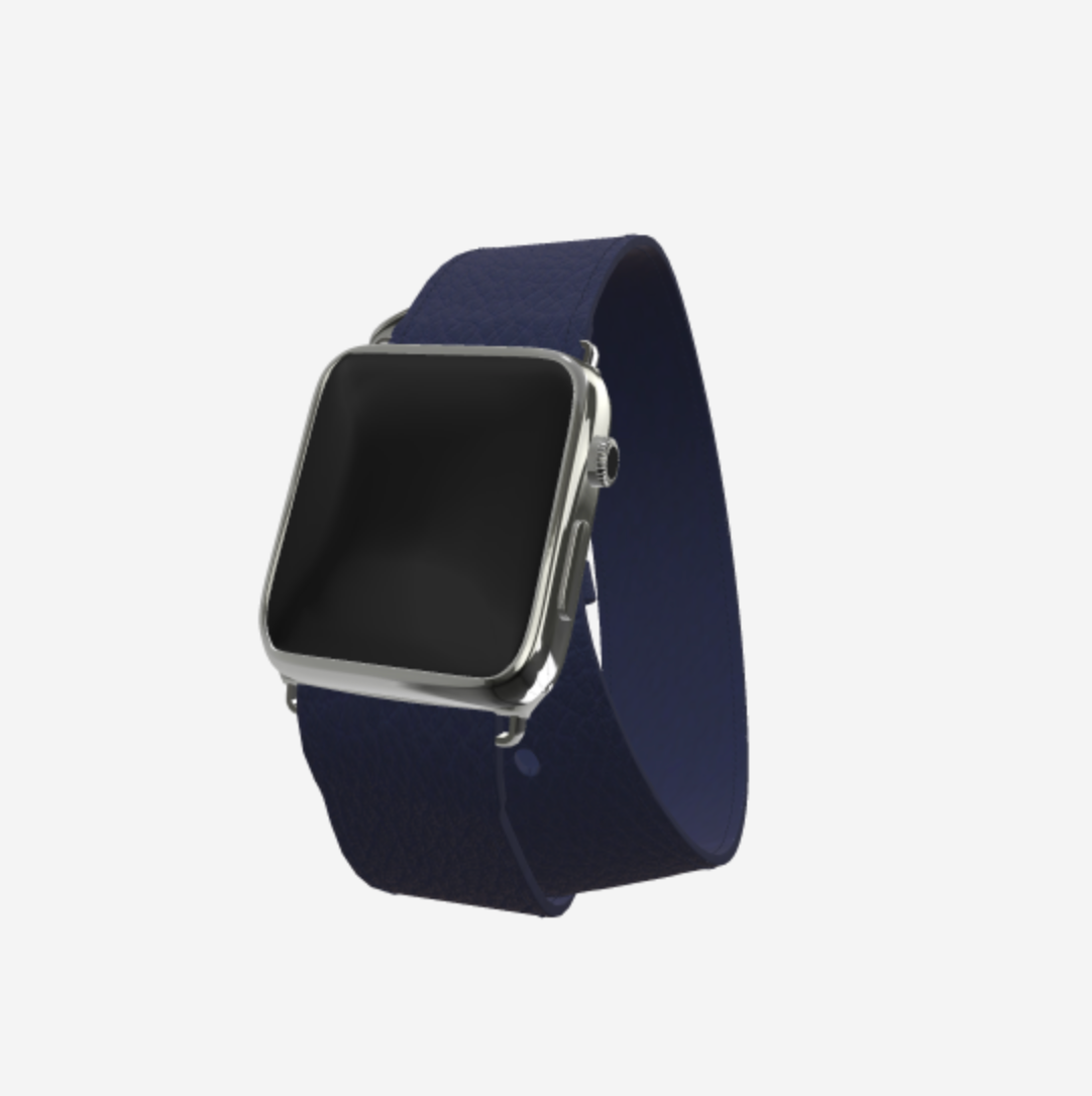 Apple Watch Strap Double Tour in Genuine Calfskin 38 l 40 MM Navy Blue Steel 316 