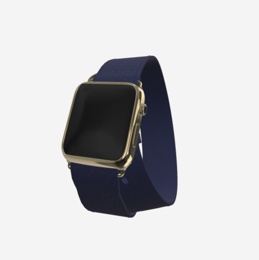 Apple Watch Strap Double Tour in Genuine Calfskin 38 l 40 MM Navy Blue Yellow Gold 