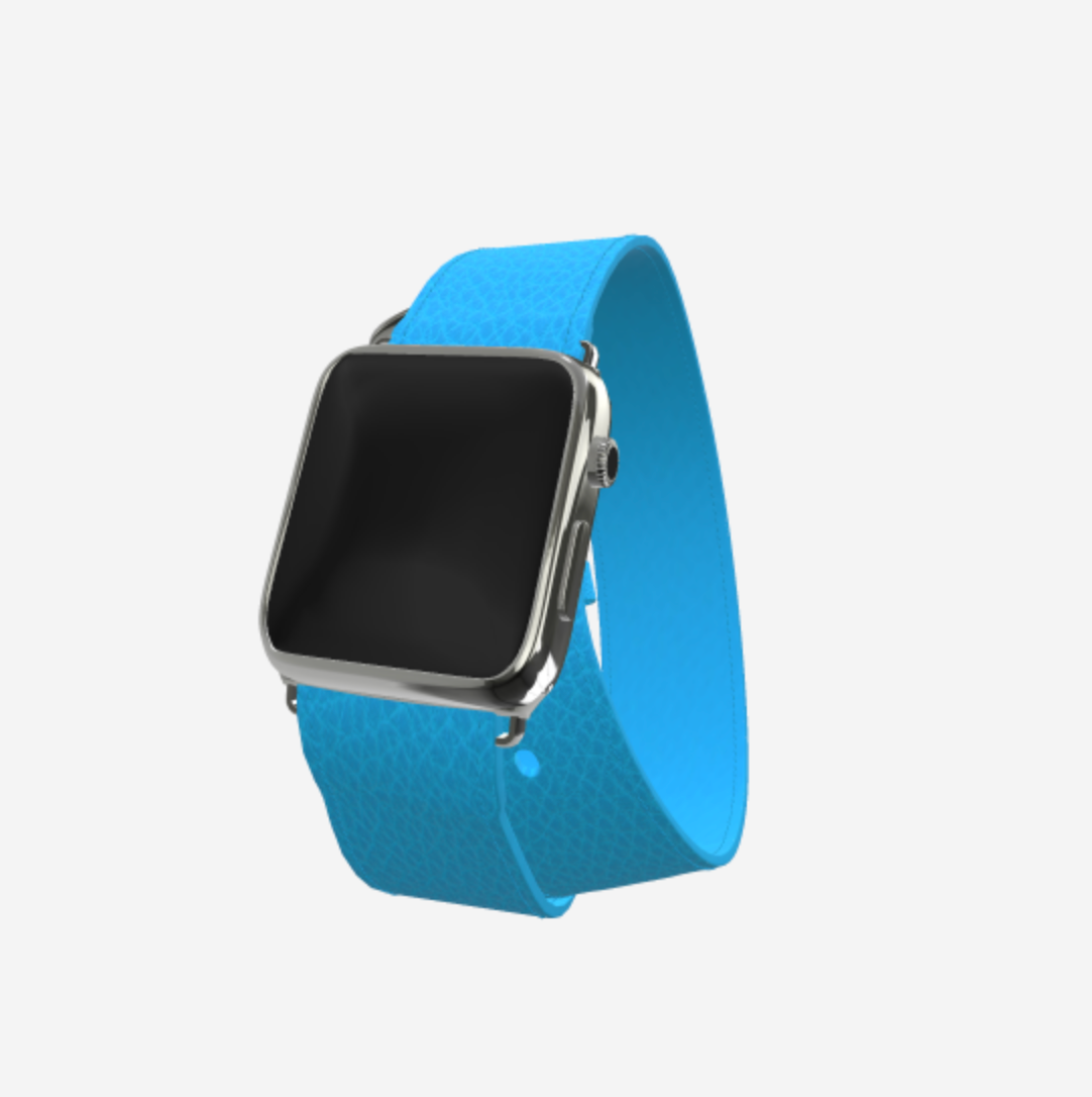 Apple Watch Strap Double Tour in Genuine Calfskin 38 l 40 MM Tropical Blue Steel 316 