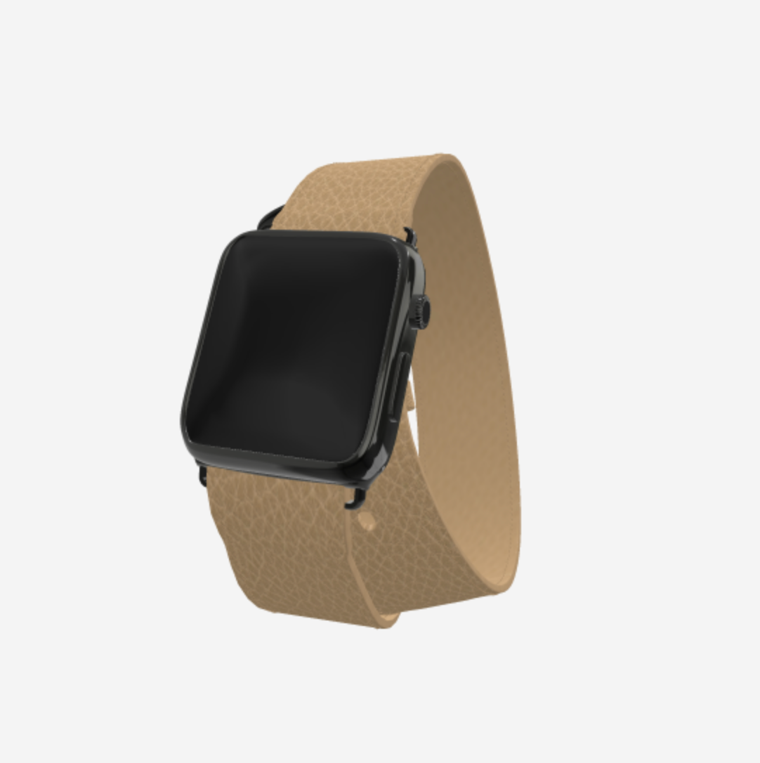 Apple Watch Strap Double Tour in Genuine Calfskin 42 l 44 MM Beige Desert Black Plating 