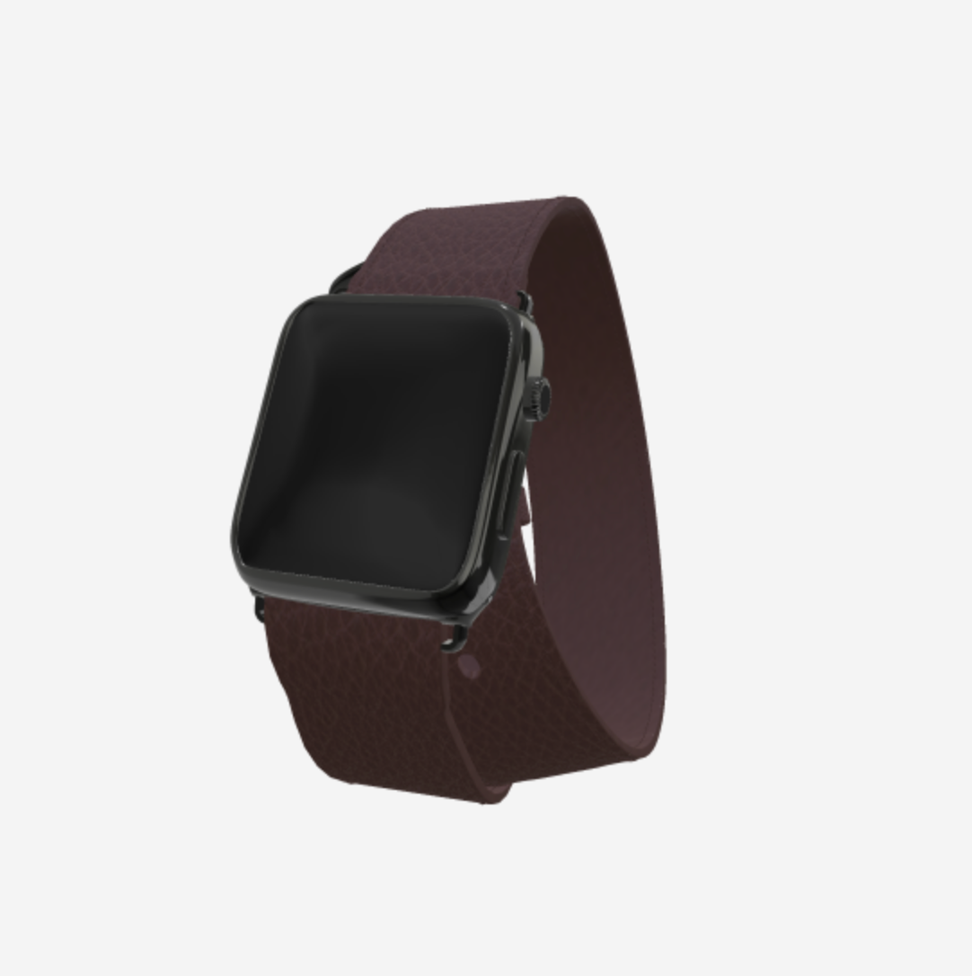 Apple Watch Strap Double Tour in Genuine Calfskin 42 l 44 MM Borsalino Brown Black Plating 