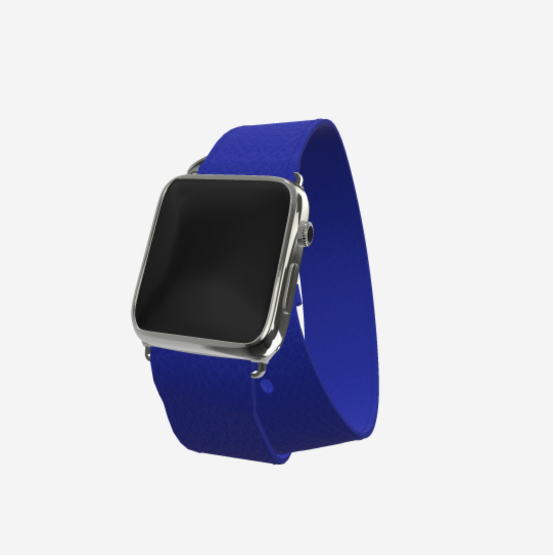 Apple Watch Strap Double Tour in Genuine Calfskin 42 l 44 MM Electric Blue Steel 316 