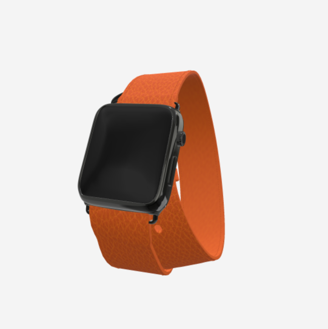 Apple Watch Strap Double Tour in Genuine Calfskin 42 l 44 MM Orange Cocktail Black Plating 
