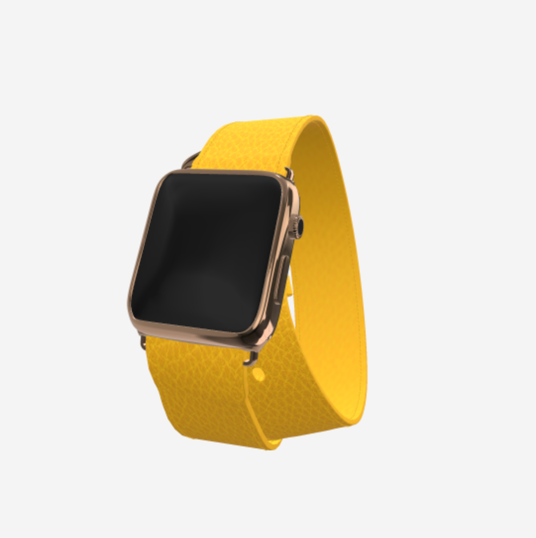 Apple Watch Strap Double Tour in Genuine Calfskin 42 l 44 MM Sunny Yellow Black Plating 