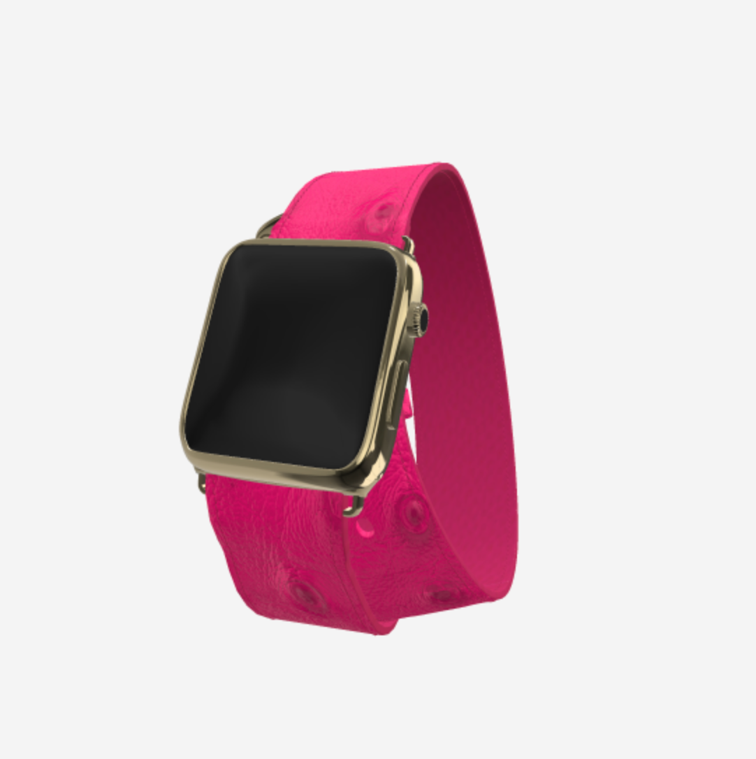 Apple Watch Strap Double Tour in Genuine Ostrich 38 l 40 MM Fuchsia Party Yellow Gold 