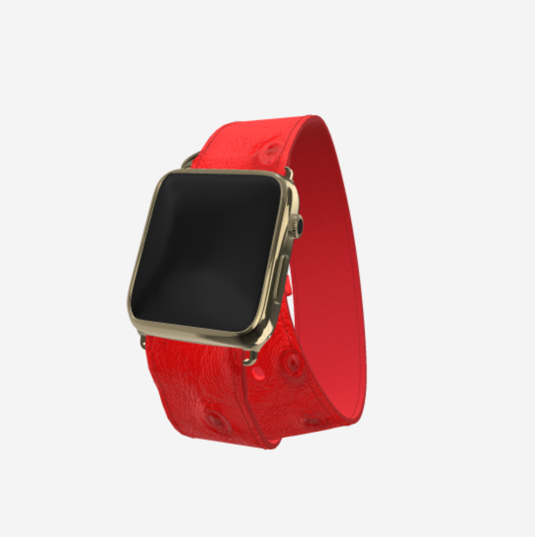 Apple Watch Strap Double Tour in Genuine Ostrich 38 l 40 MM Glamour Red Yellow Gold 