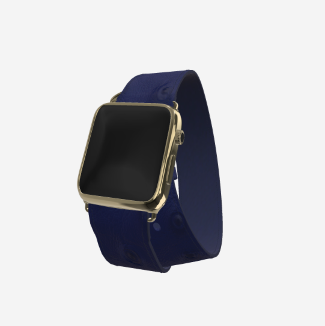 Apple Watch Strap Double Tour in Genuine Ostrich 38 l 40 MM Navy Blue Yellow Gold 