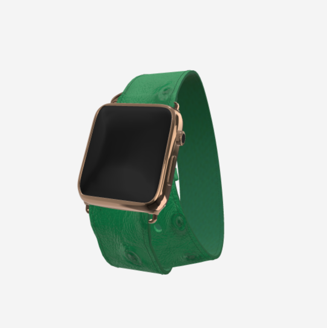 Apple Watch Strap Double Tour in Genuine Ostrich 42 l 44 MM Emerald Green Rose Gold 