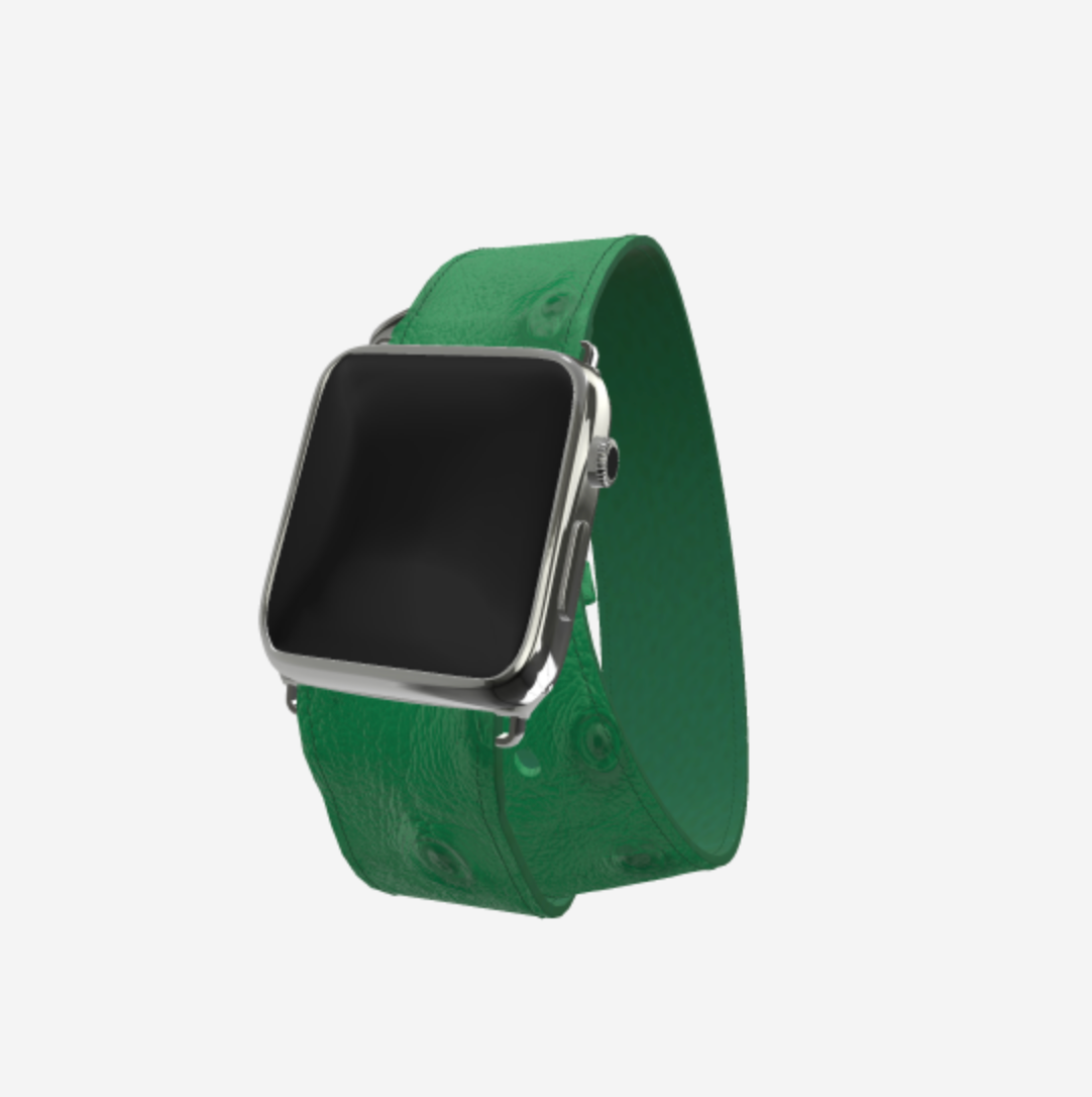Apple Watch Strap Double Tour in Genuine Ostrich 42 l 44 MM Emerald Green Steel 316 