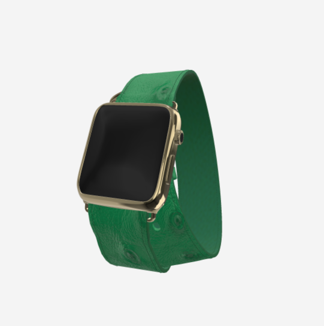 Apple Watch Strap Double Tour in Genuine Ostrich 42 l 44 MM Emerald Green Yellow Gold 