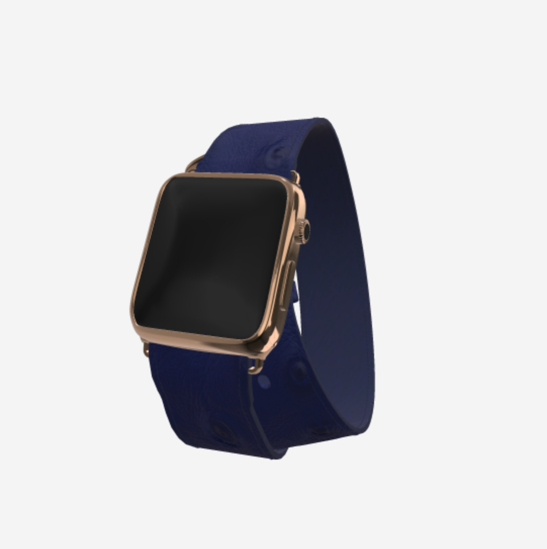 Apple Watch Strap Double Tour in Genuine Ostrich 42 l 44 MM Navy Blue Rose Gold 