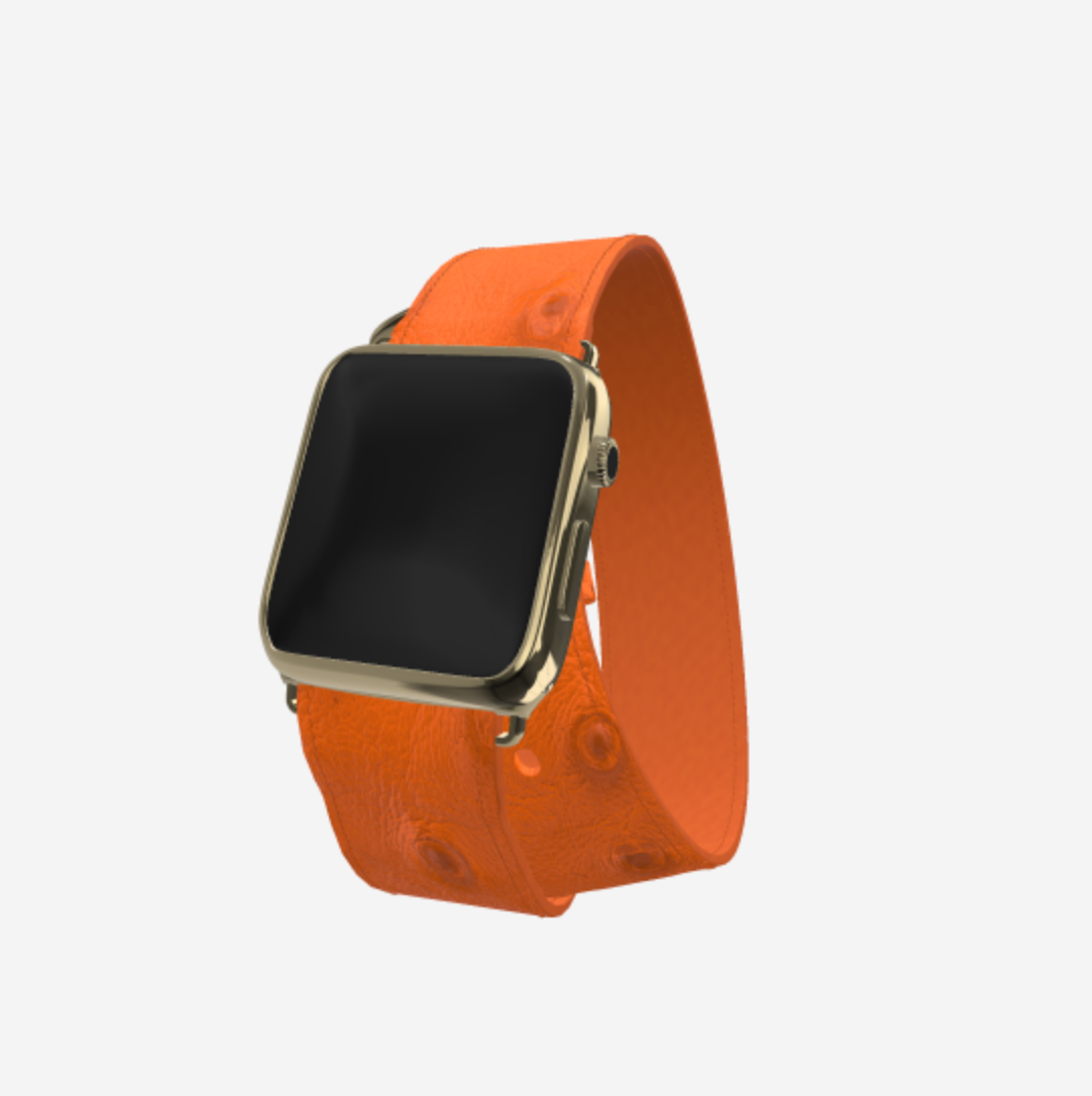 Apple Watch Strap Double Tour in Genuine Ostrich 42 l 44 MM Orange Cocktail Yellow Gold 