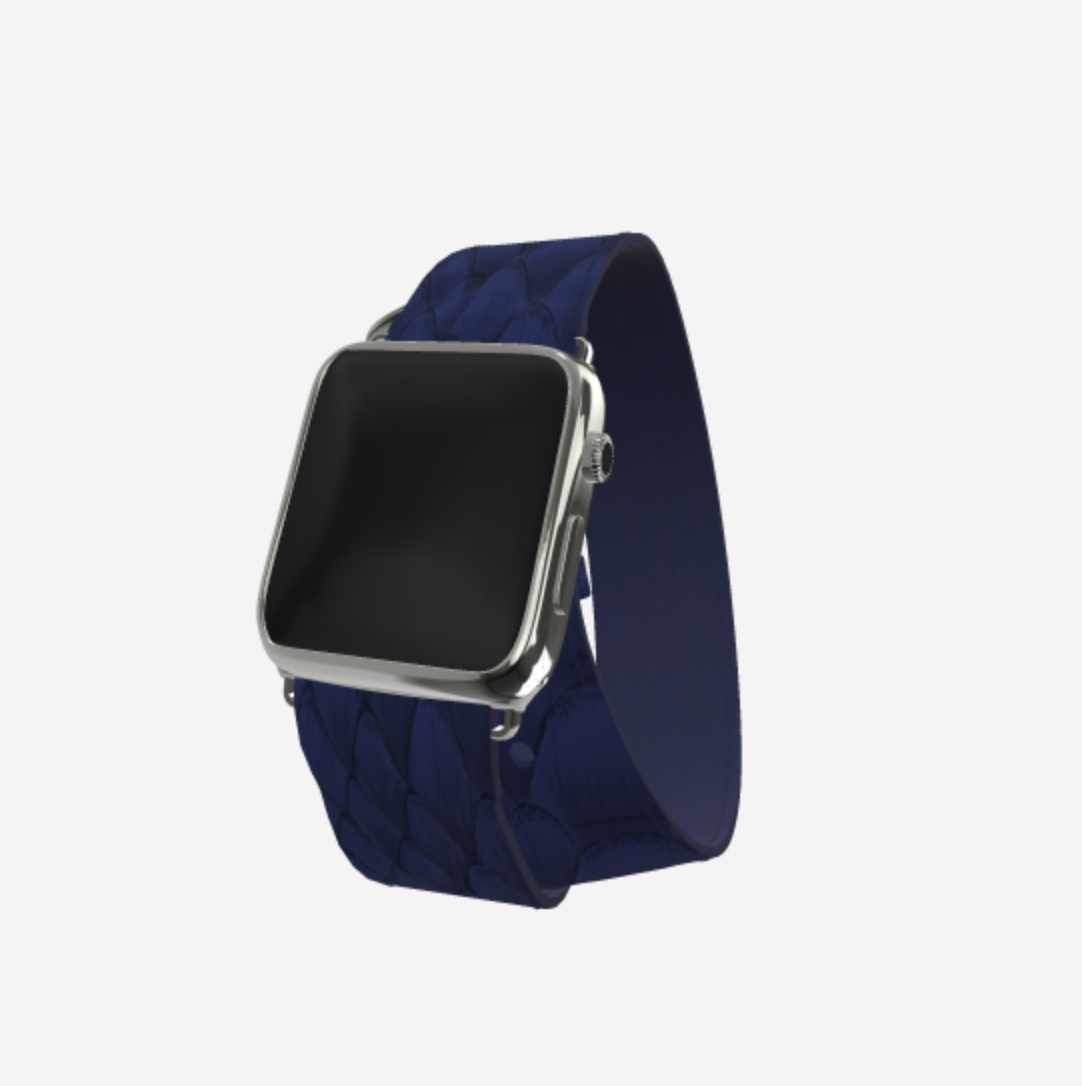 Apple Watch Strap Double Tour in Genuine Python 38 l 40 MM Navy Blue Steel 316 
