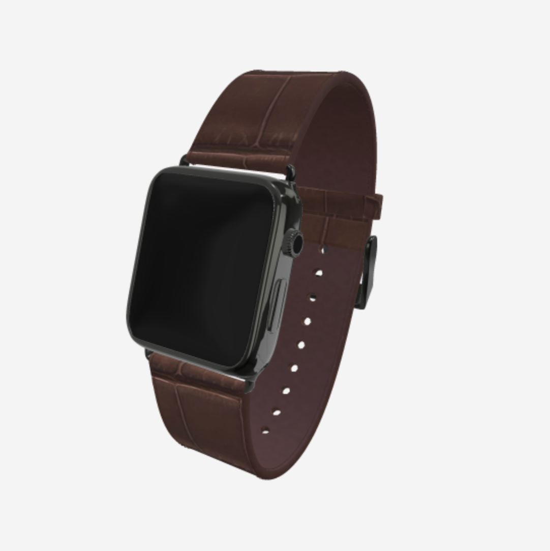 Apple Watch Strap in Genuine Alligator 38 l 40 MM Borsalino Brown Black Plating 