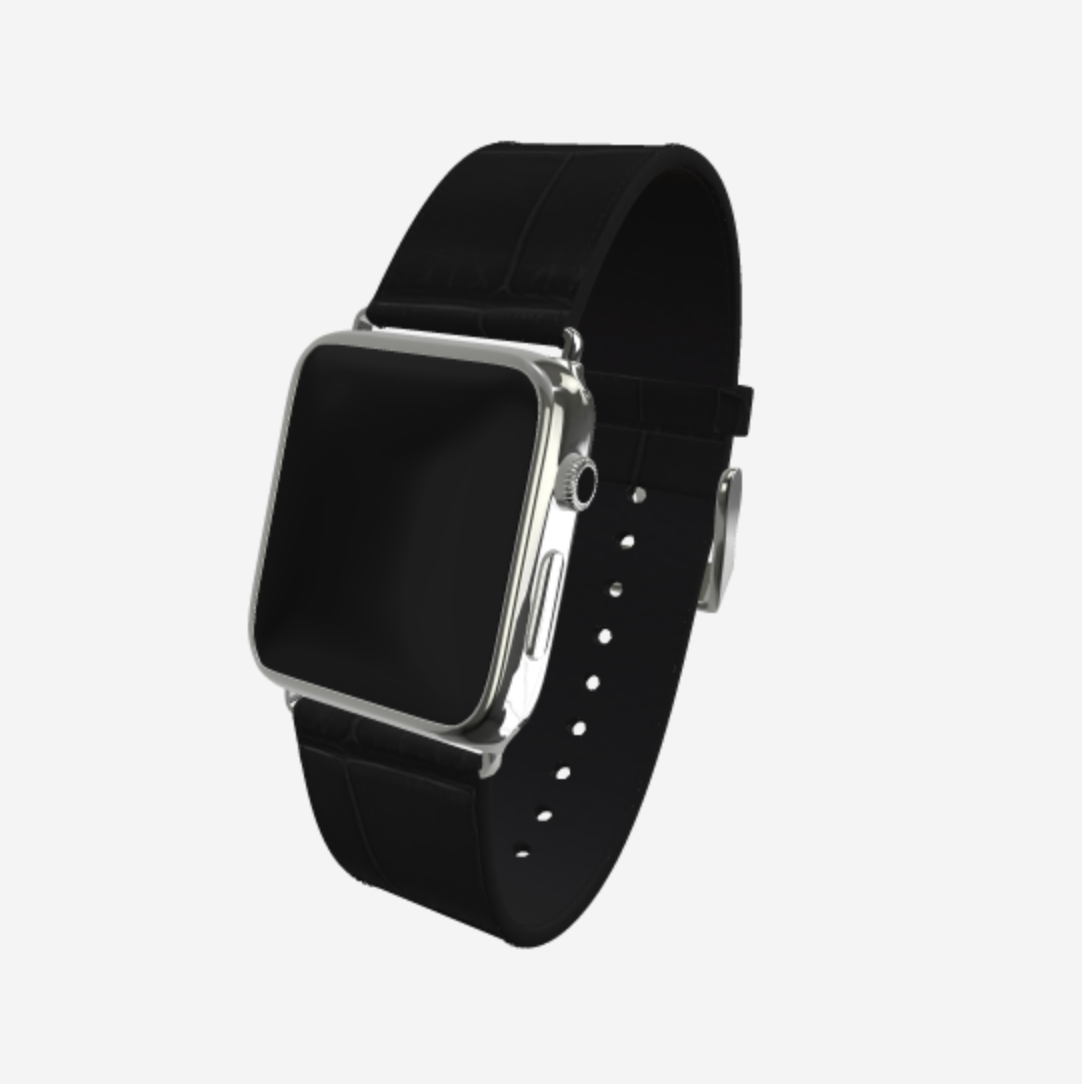 Apple Watch Strap in Genuine Alligator 38 l 40 MM Carbon Black Steel 316 