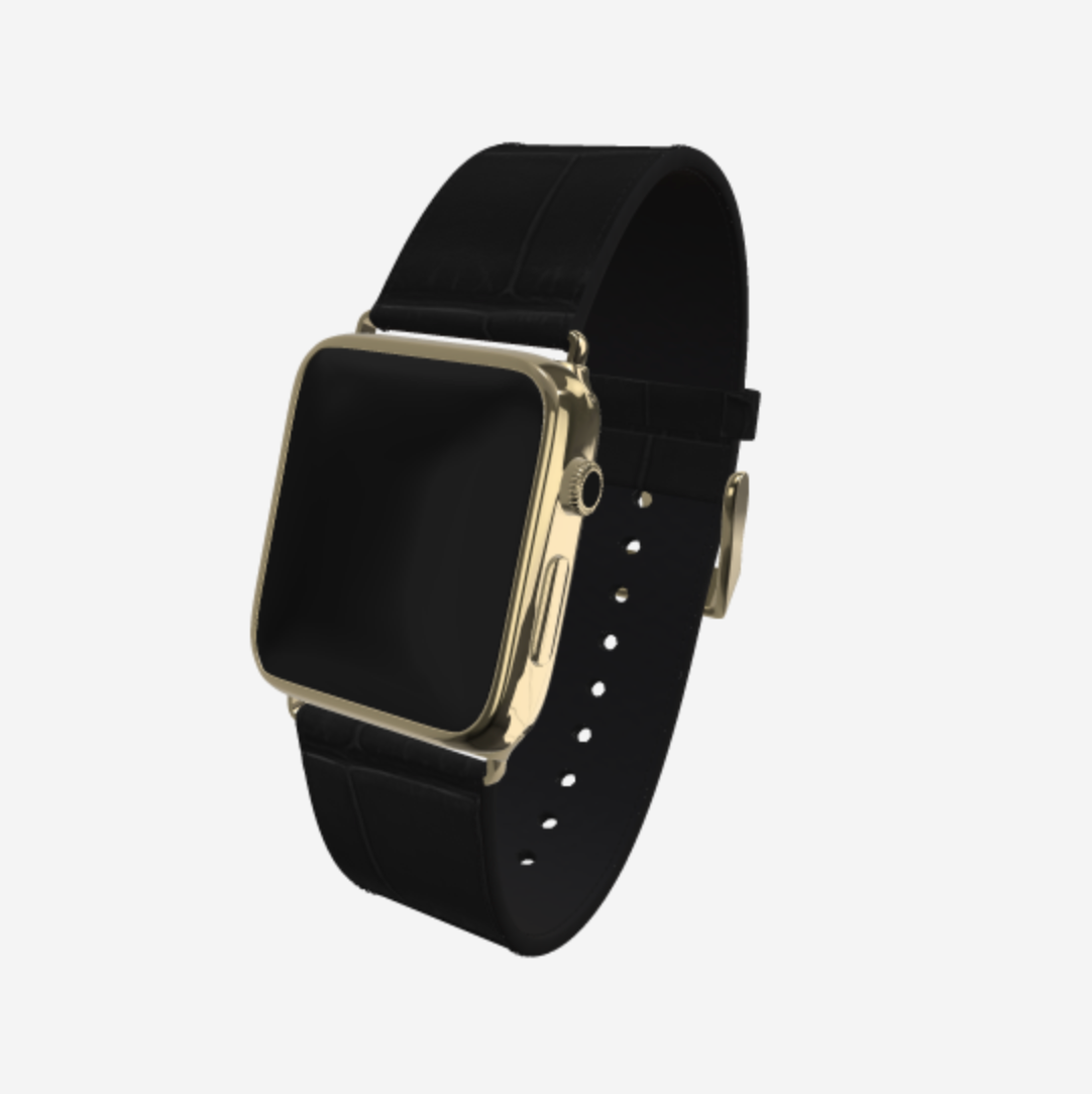 Apple Watch Strap in Genuine Alligator 38 l 40 MM Carbon Black Yellow Gold 